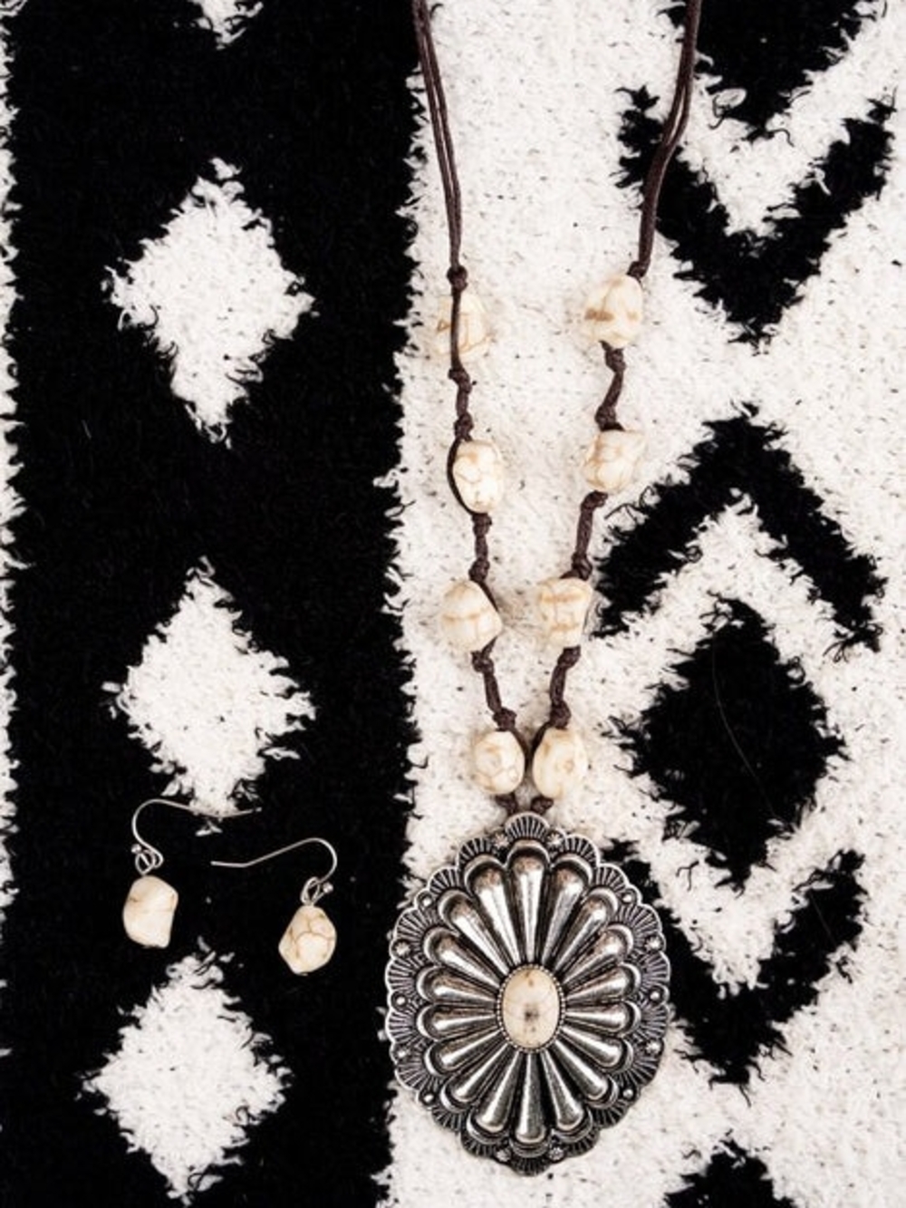 ICON Ivory Bead Necklace with Silver-Tone Concho Pendant and Matching Earrings